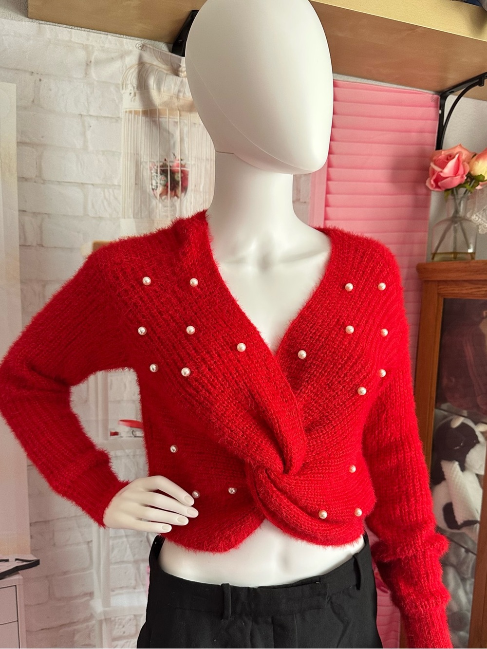 No Boundaries Red Fuzzy Pearl Embellished Twist Front Sweater